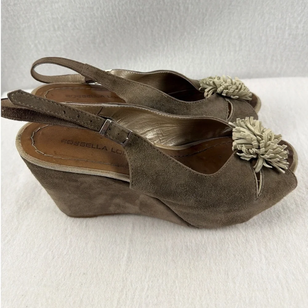 Rossella Lopes Italy Sz 11 Suede Wedge Sandals Slingback Peep Toe Pom Pom Brown